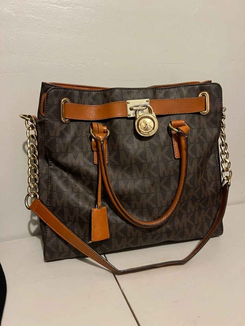 Michael Kors Brown Logo Tote with Tan Leather and Gold Hardware